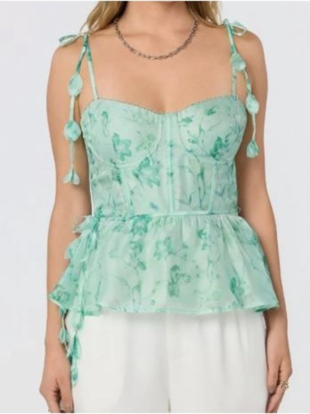 ASTR Halcyon Bustier Top Women Size Large NWT Green Floral Sweetheart Neckline